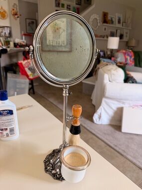 Antique Silver Mirrored Shaving Stand with White Ceramic Cup and Brush Holder